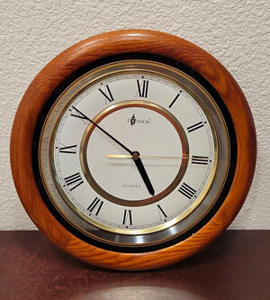 London Quartz Round Hanging Wall Clock Wood Frame Roman Numerals 12 in Brown
